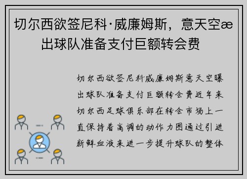 切尔西欲签尼科·威廉姆斯，意天空曝出球队准备支付巨额转会费