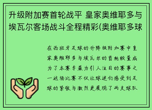 升级附加赛首轮战平 皇家奥维耶多与埃瓦尔客场战斗全程精彩(奥维耶多球衣)