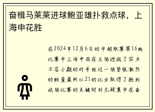 奋楫马莱莱进球鲍亚雄扑救点球，上海申花胜