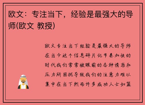 欧文：专注当下，经验是最强大的导师(欧文 教授)