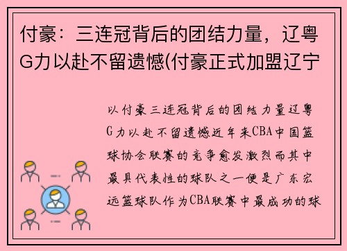 付豪：三连冠背后的团结力量，辽粤G力以赴不留遗憾(付豪正式加盟辽宁)