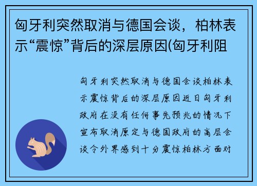 匈牙利突然取消与德国会谈，柏林表示“震惊”背后的深层原因(匈牙利阻止欧盟)