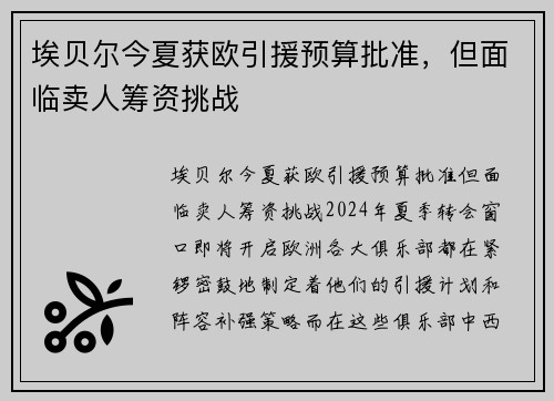 埃贝尔今夏获欧引援预算批准，但面临卖人筹资挑战