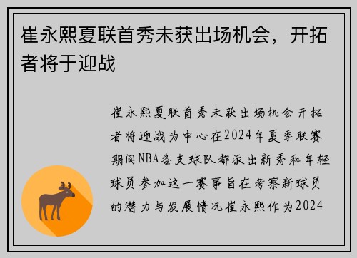 崔永熙夏联首秀未获出场机会，开拓者将于迎战