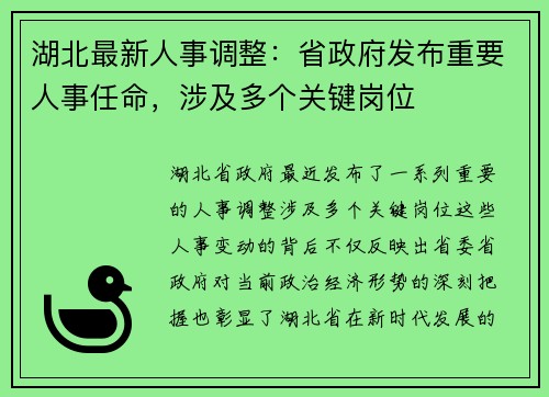 湖北最新人事调整：省政府发布重要人事任命，涉及多个关键岗位