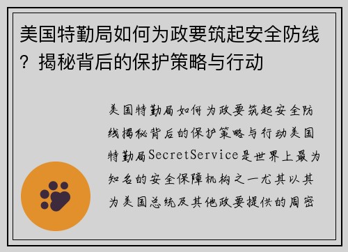 美国特勤局如何为政要筑起安全防线？揭秘背后的保护策略与行动