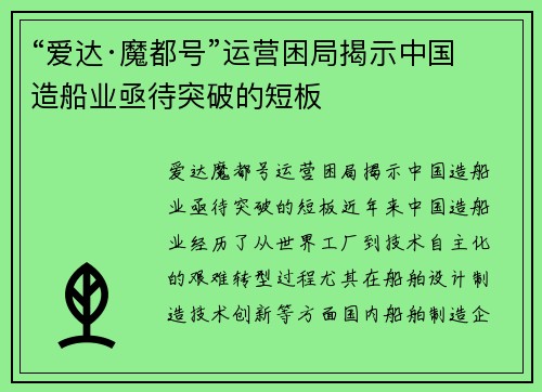 “爱达·魔都号”运营困局揭示中国造船业亟待突破的短板