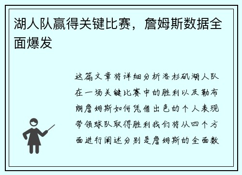 湖人队赢得关键比赛，詹姆斯数据全面爆发